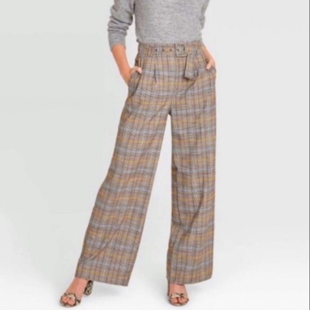 A New Day Womens Brown Plaid Wide Leg High Rise Belted Pants Size 12